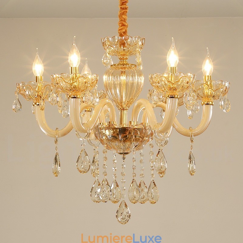 Lustre bougie en cristal couleur champagne à 6 lumières