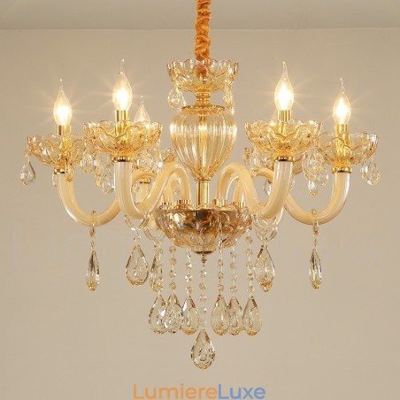 Lustre bougie en cristal couleur champagne à 6 lumières Lustre bougie en cristal couleur champagne à 6 lumières