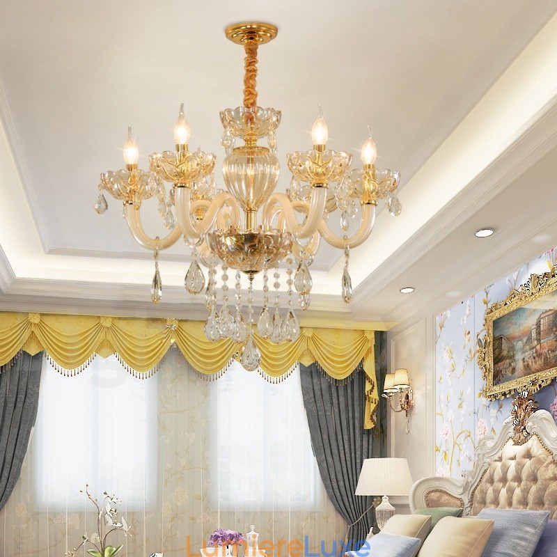 Lustre bougie en cristal couleur champagne à 6 lumières