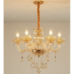 Lustre bougie en cristal couleur champagne à 6 lumières