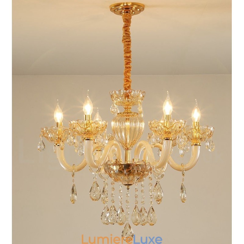 Lustre bougie en cristal couleur champagne à 6 lumières