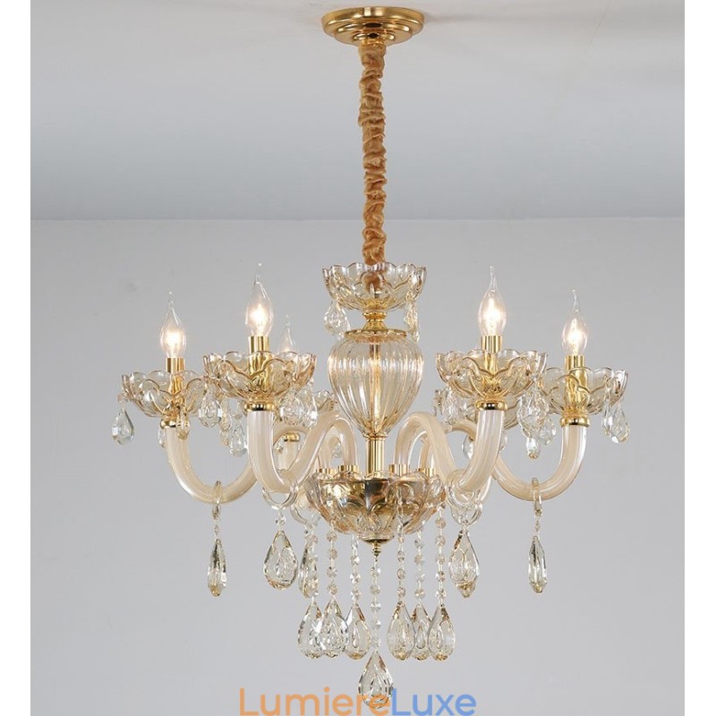Lustre bougie en cristal couleur champagne à 6 lumières