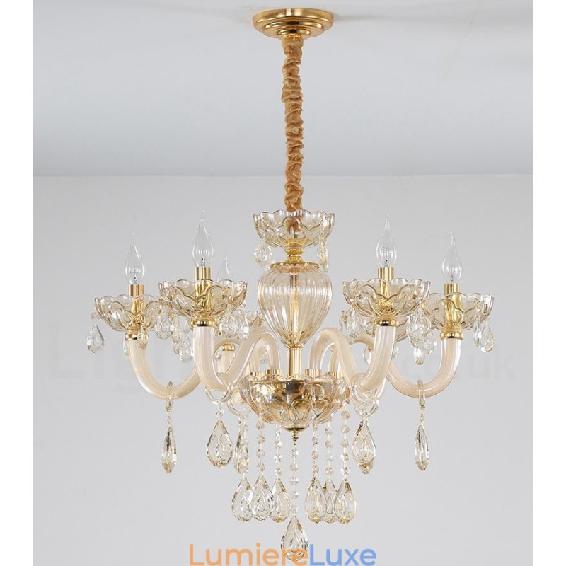 Lustre bougie en cristal couleur champagne à 6 lumières