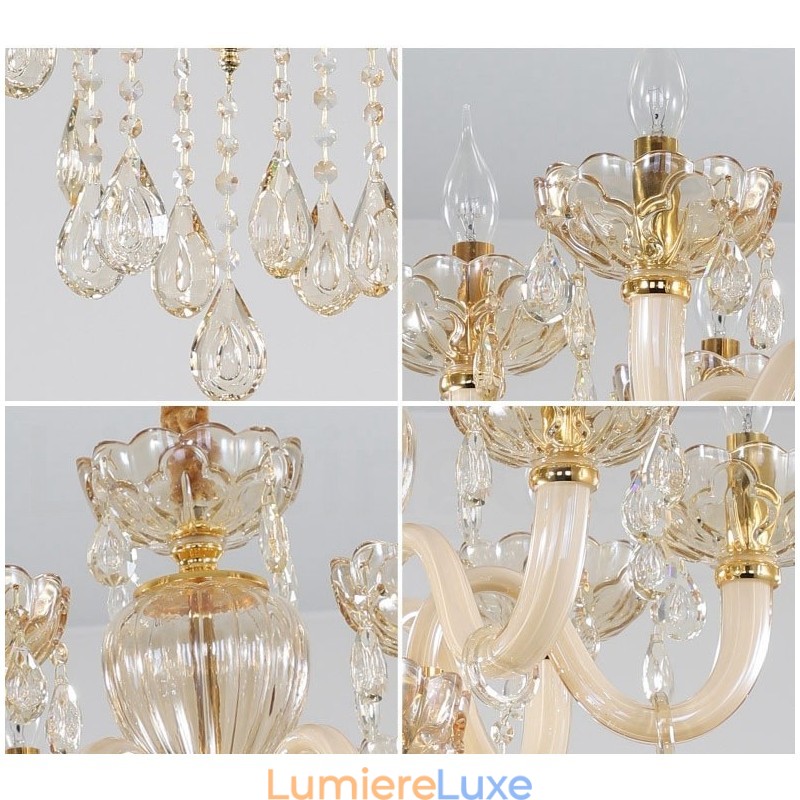 Lustre bougie en cristal couleur champagne à 6 lumières