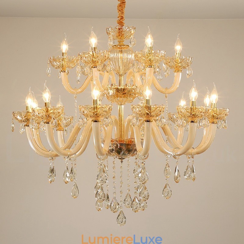 Lustre élégant en cristal à 18 (12+6) lumières couleur champagne