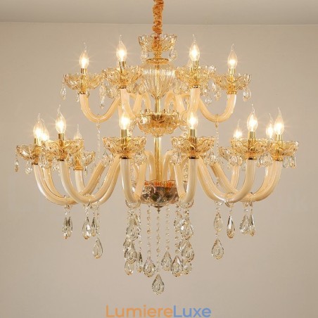 Lustre élégant en cristal à 18 (12+6) lumières couleur champagne Lustre élégant en cristal à 18 (12+6) lumières couleur champagne
