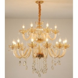 Lustre élégant en cristal à 18 (12+6) lumières couleur champagne