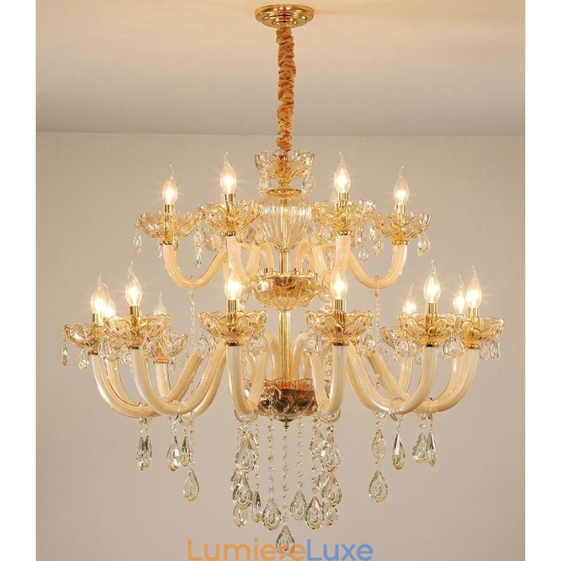 Lustre élégant en cristal à 18 (12+6) lumières couleur champagne