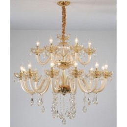 Lustre élégant en cristal à 18 (12+6) lumières couleur champagne