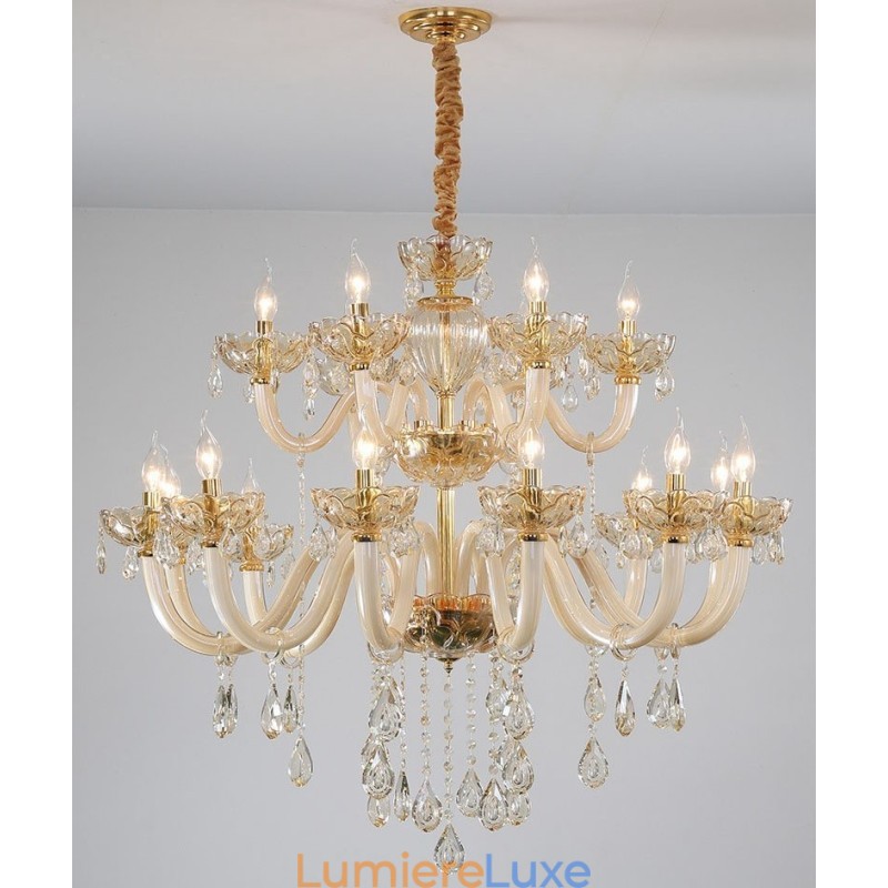 Lustre élégant en cristal à 18 (12+6) lumières couleur champagne