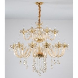 Lustre élégant en cristal à 18 (12+6) lumières couleur champagne