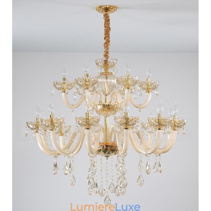 Lustre élégant en cristal à 18 (12+6) lumières couleur champagne