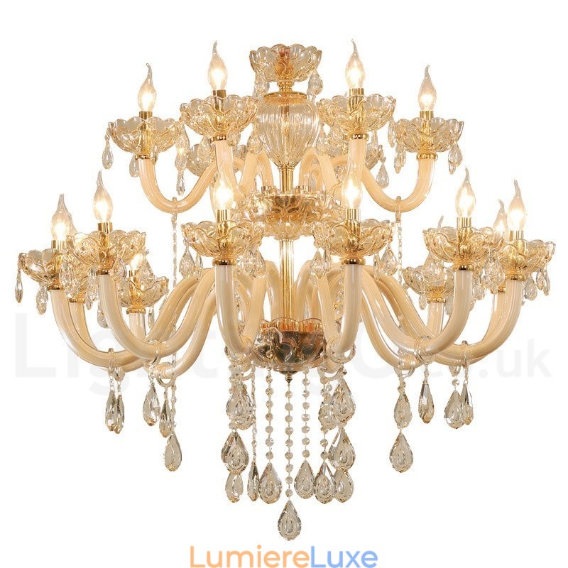 Lustre élégant en cristal à 18 (12+6) lumières couleur champagne