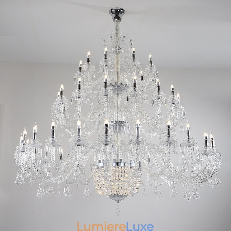 Lustre bougie en cristal luxueux et élégant à 50 lumières, transparent, pour salle d'exposition