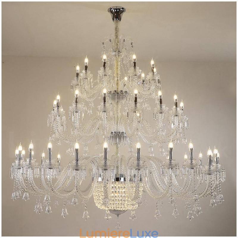 Lustre bougie en cristal luxueux et élégant à 50 lumières, transparent, pour salle d'exposition