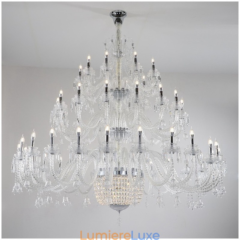 Lustre bougie en cristal luxueux et élégant à 50 lumières, transparent, pour salle d'exposition