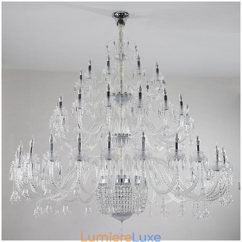 Lustre bougie en cristal luxueux et élégant à 50 lumières, transparent, pour salle d'exposition