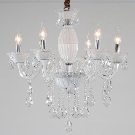 Lustre bougie blanc à 6 lumières avec cristal Lustre bougie blanc à 6 lumières avec cristal