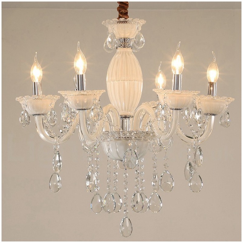 Lustre bougie blanc à 6 lumières avec cristal