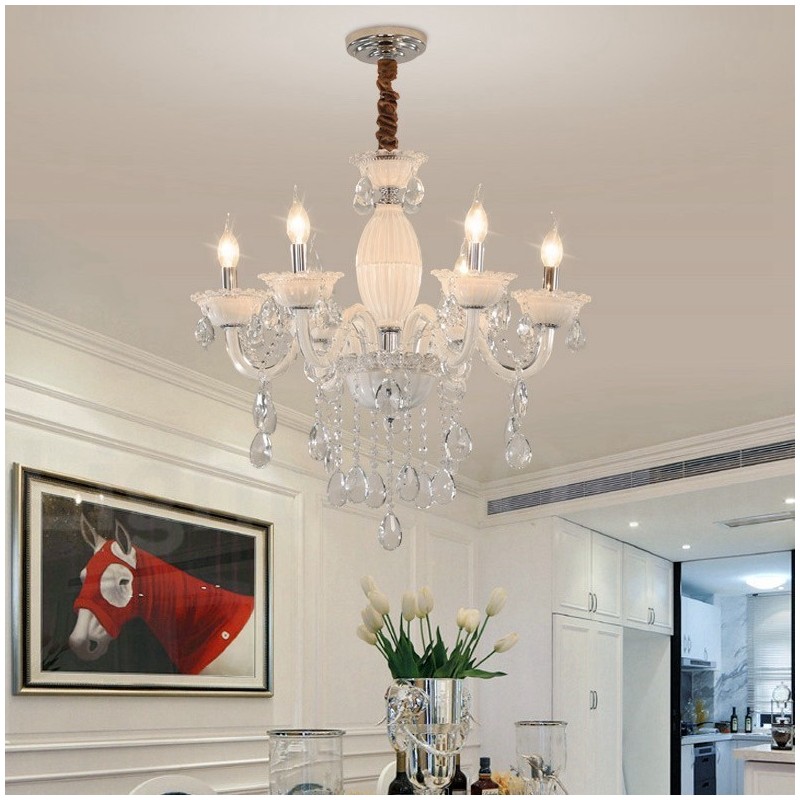 Lustre bougie blanc à 6 lumières avec cristal