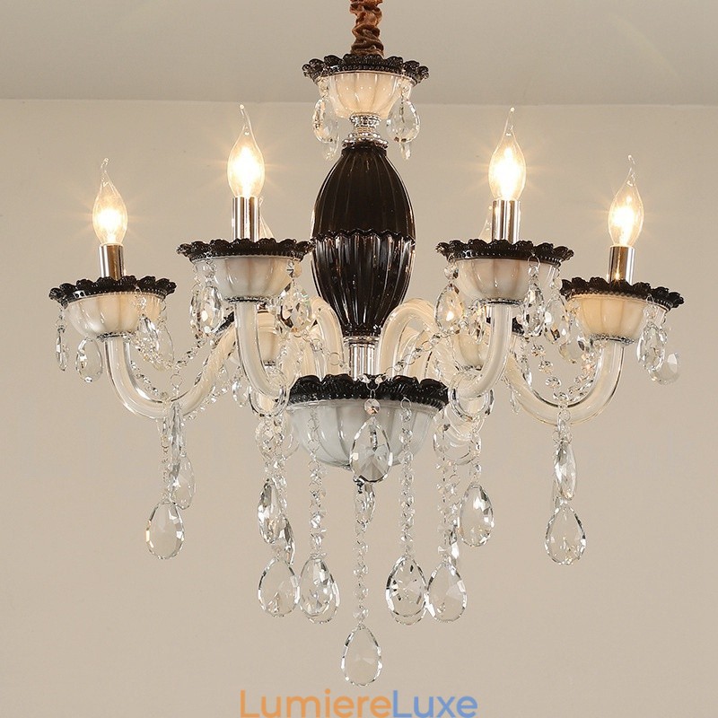 Lustre bougie noir à 6 lumières avec cristal