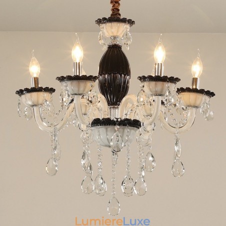 Lustre bougie noir à 6 lumières avec cristal Lustre bougie noir à 6 lumières avec cristal