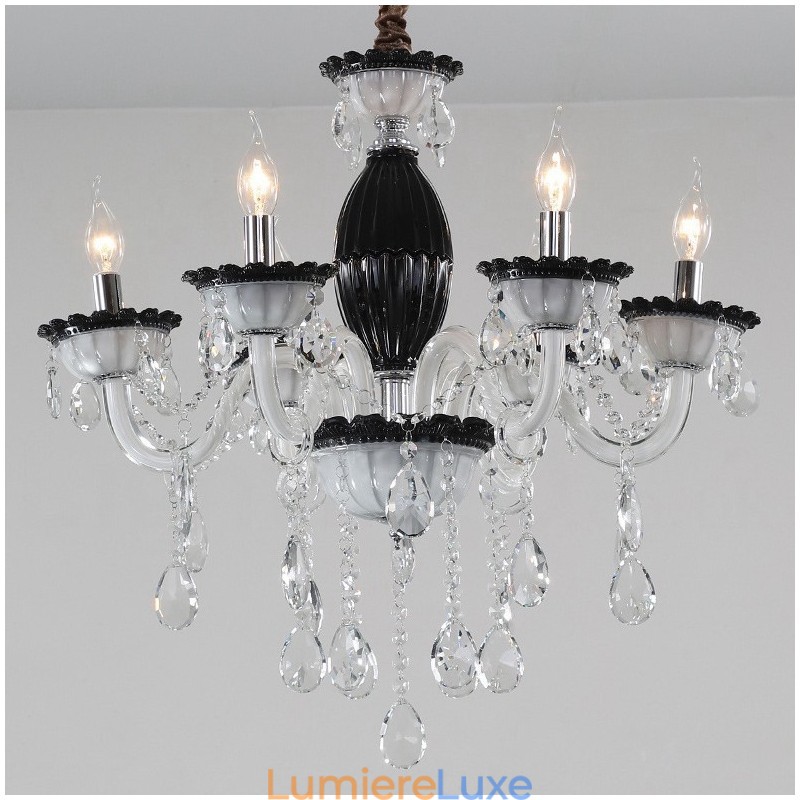 Lustre bougie noir à 6 lumières avec cristal