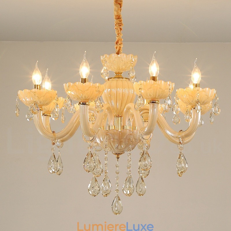 Lustre luxueux à 8 bougies en cristal champagne