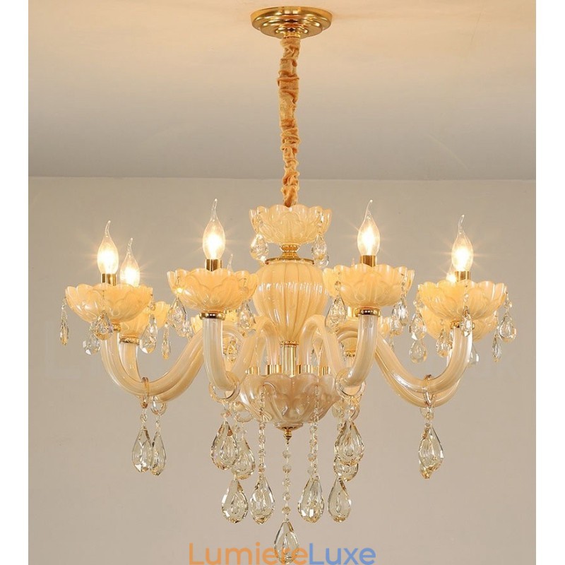 Lustre luxueux à 8 bougies en cristal champagne