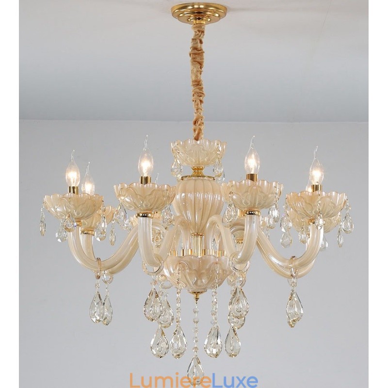 Lustre luxueux à 8 bougies en cristal champagne
