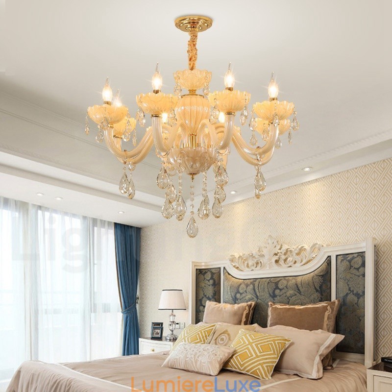 Lustre luxueux à 8 bougies en cristal champagne