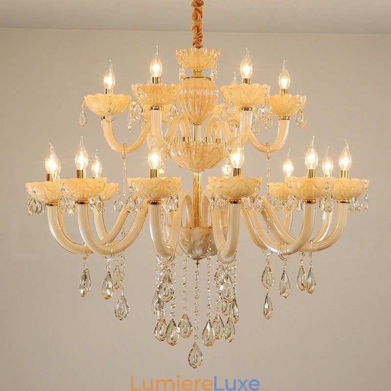 Lustre luxueux en cristal champagne à 18 (12+6) lumières