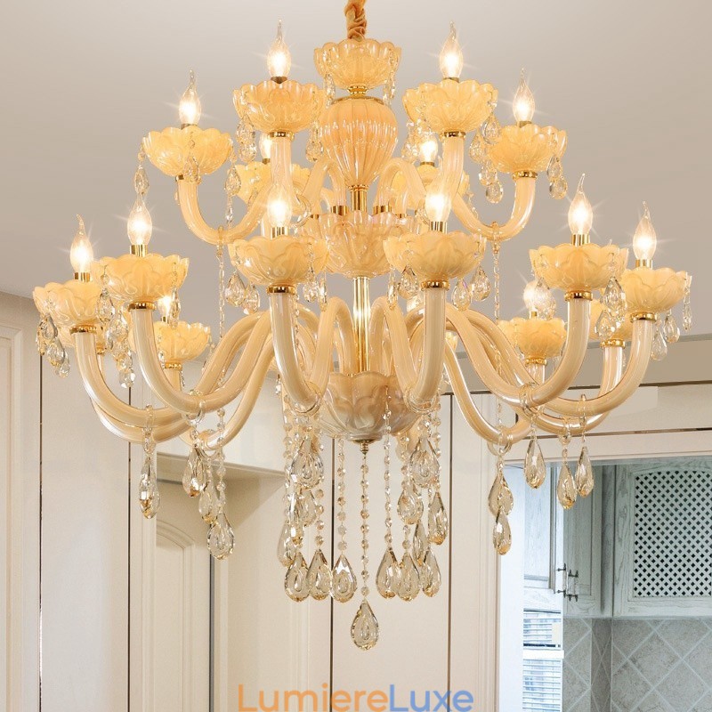 Lustre luxueux en cristal champagne à 18 (12+6) lumières