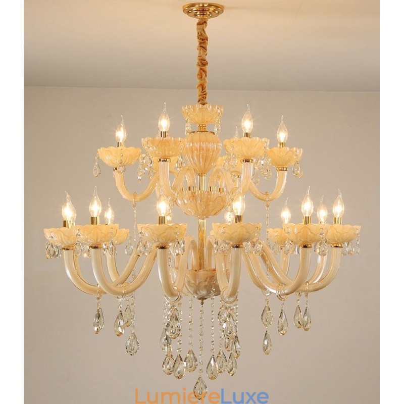 Lustre luxueux en cristal champagne à 18 (12+6) lumières