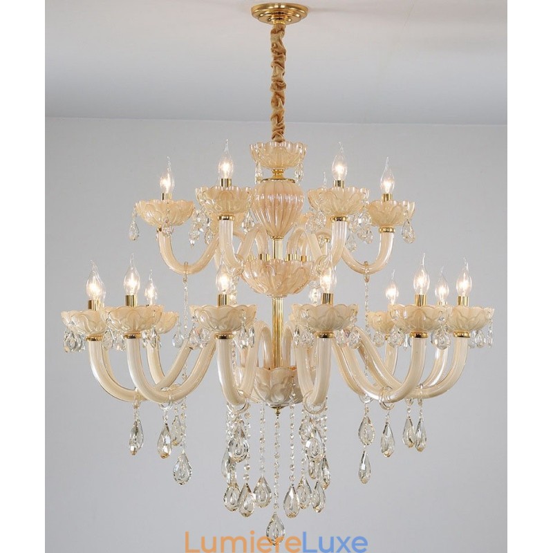 Lustre luxueux en cristal champagne à 18 (12+6) lumières