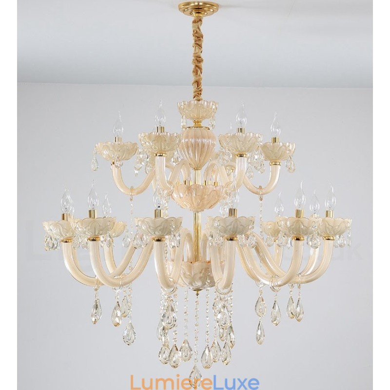 Lustre luxueux en cristal champagne à 18 (12+6) lumières
