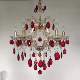 Lustre bougie doré à 6 lumières avec cristal rouge
