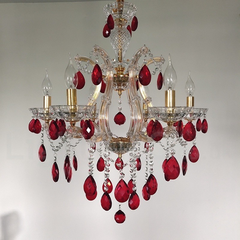 Lustre bougie doré à 6 lumières avec cristal rouge