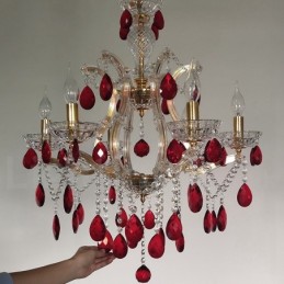 Lustre bougie doré à 6 lumières avec cristal rouge