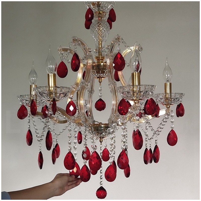 Lustre bougie doré à 6 lumières avec cristal rouge