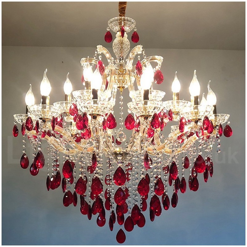 Lustre luxueux en cristal rouge doré à 18 (12+6) lumières