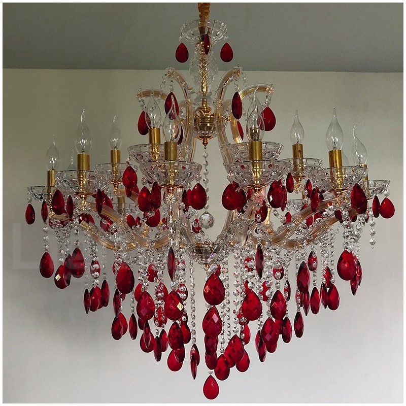 Lustre luxueux en cristal rouge doré à 18 (12+6) lumières