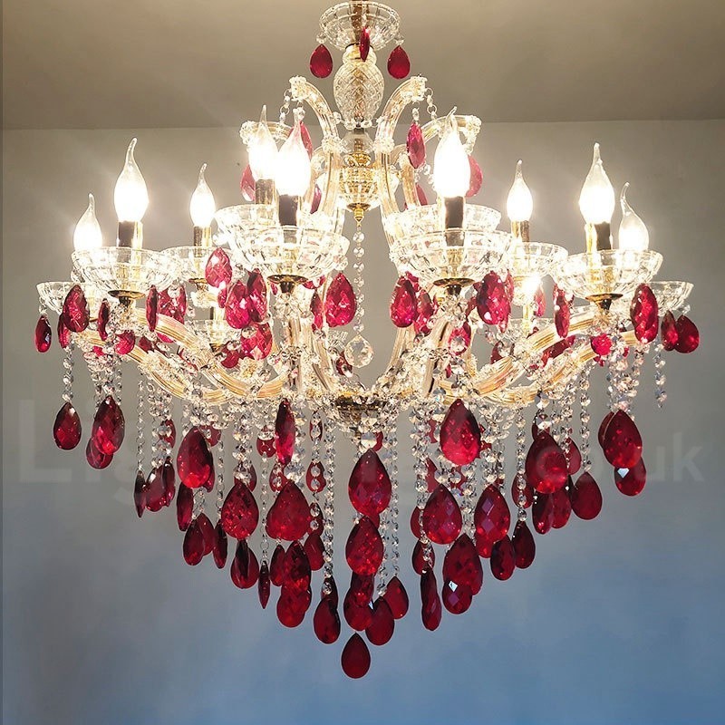 Lustre luxueux en cristal rouge doré à 18 (12+6) lumières