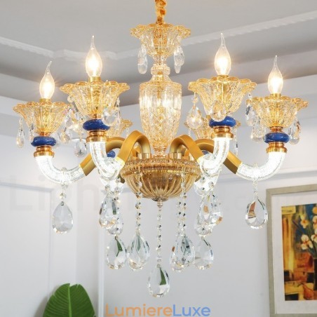 Lustre moderne contemporain à 6 lumières avec bougies champagne et cristal Lustre moderne contemporain à 6 lumières avec bougies champagne et cristal