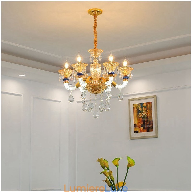 Lustre moderne contemporain à 6 lumières avec bougies champagne et cristal