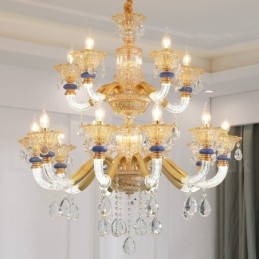 Lustre contemporain moderne à 15 (10+5) lumières en forme de bougie champagne avec cristal