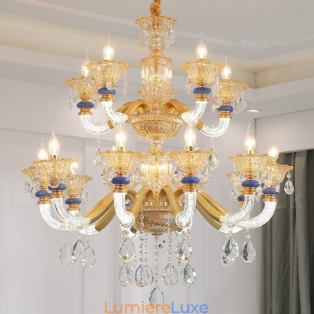 Lustre contemporain moderne à 15 (10+5) lumières en forme de bougie champagne avec cristal Lustre contemporain moderne à 15 (10+5) lumières en forme de bougie champagne avec cristal