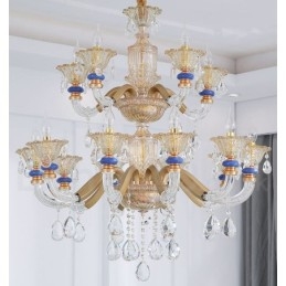 Lustre contemporain moderne à 15 (10+5) lumières en forme de bougie champagne avec cristal