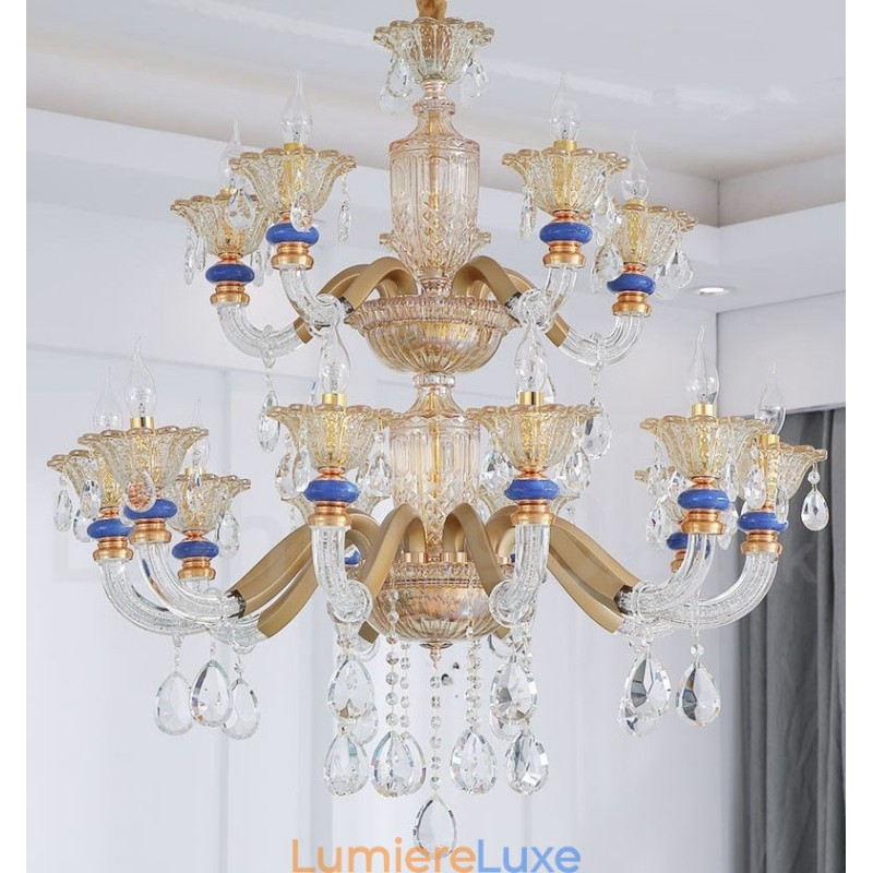 Lustre contemporain moderne à 15 (10+5) lumières en forme de bougie champagne avec cristal