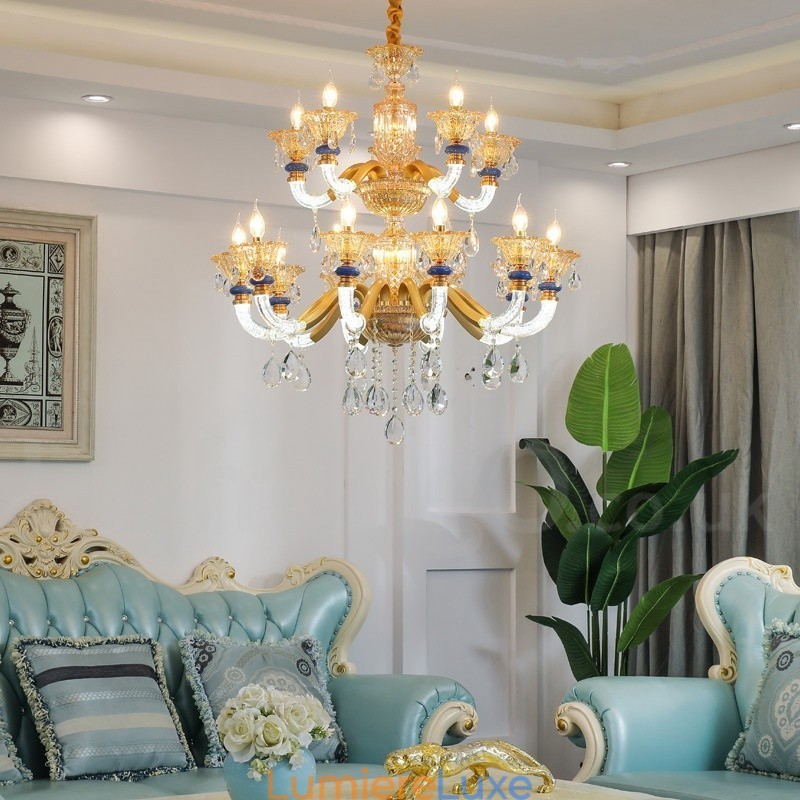 Lustre contemporain moderne à 15 (10+5) lumières en forme de bougie champagne avec cristal